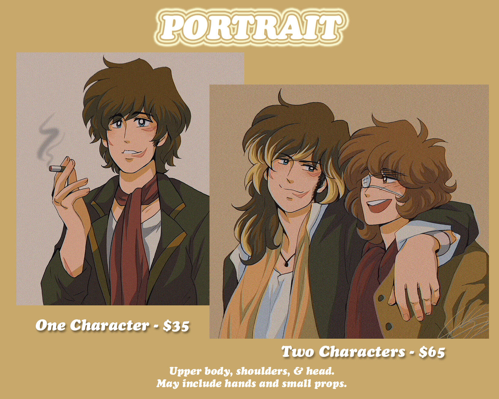 Portrait commissions. One character is $35. Two characters is $65. Includes upper body, shoulders, and head. May include small props.
