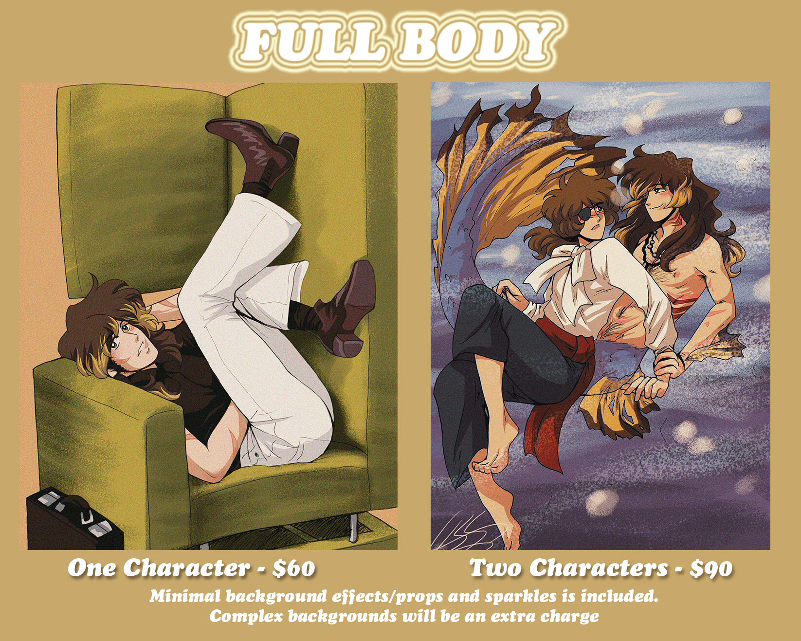 Full body commissions. One character is $60. Two characters is $90. Includes minimal background effects/props and sparkles. Complex backgrounds will be an extra charge.