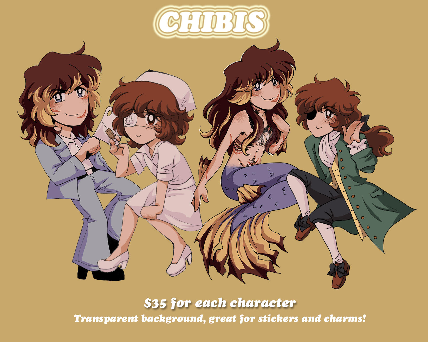 Chibi commissions. $35 for each character. Transparent background, great for stickers and charms!